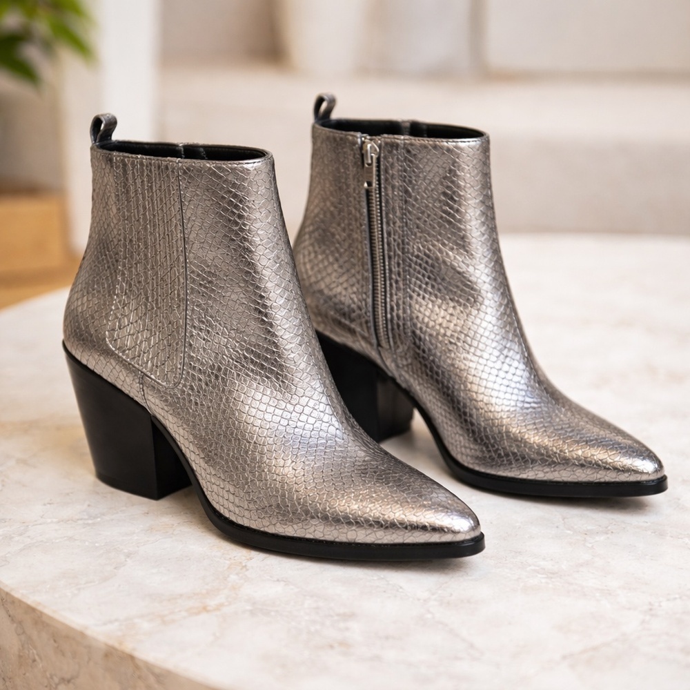 MICHAEL Michael Kors Sinclair Metallic Embossed Silver Leather Ankle Boot 6